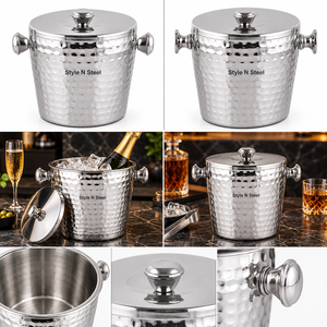 Seau à glace en acier inoxydable martelé à double paroi avec couvercle, rond, argenté, pour champagne, vin, cocktails et fêtes - Product Image 1