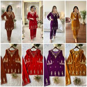 Conjunto de Kurti y Palazzo de Terciopelo con Bordado de Espejos Reales, Completamente Cosido, Listo para Usar, Atuendo Étnico de Lujo para Fiestas - Product Image 6