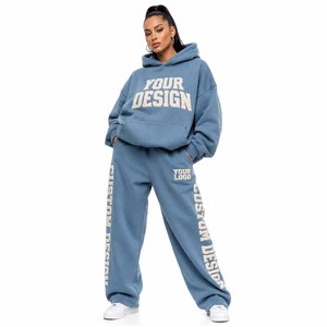 100% Cotton Heavyweight Breathable Drawstring Hood Elastic Cuff <b>Baggy</b> Hoodie <b>Jogger</b> Set Custom Embroidered Logo Wholesale OEM - Product Image 5