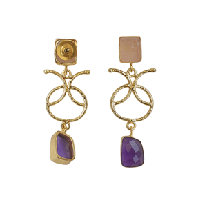 Boucles d'oreilles pendantes en laiton plaqué or faites à la main avec pierres semi-précieuses en quartz rose et améthyste, bijoux légers de créateur, vente en gros - Product Image 5