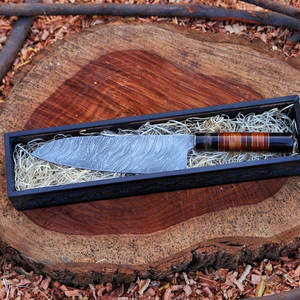 Cuchillo de Cocina para Chef, Hecho a Mano, de Acero de Damasco, para Mano Derecha, Mango de Madera Natural, Funda de Cuero, Apto para Lavavajillas, Ecológico - Product Image 4