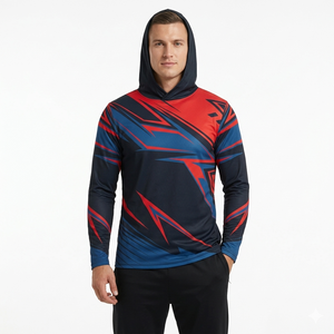 Chemise de pêche à capuche camouflage géométrique rouge et bleu personnalisée pour hommes, manches longues, protection UV UPF 50+, séchage rapide, performance, 100% polyester - Product Image 1