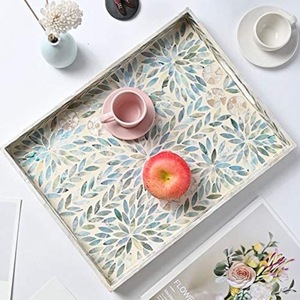 Imperial Crafted Home Handmade MOP Rectangle Serving Tray Handle Geometric Pattern Horizontal Design Modern <b>Decorative</b> ICH300 - Product Image 1