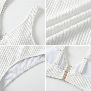 <b>White</b> Ribbed 2 Piece <b>Bikini</b> <b>Set</b> V Neck Bandeau Top High Waist Bottoms Stretch Swimwear Women - Product Image 4