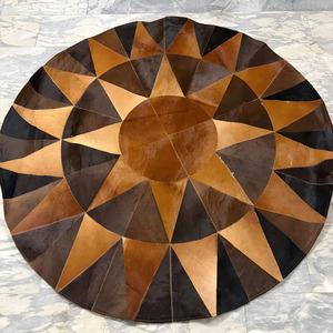Elegant Handmade Round Hair on Hide Patchwork Carpet Geometric <b>Leather</b> Floor Rug for Living Room and Home Accents Accessories - Product Image 5