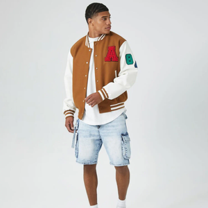 Men's Brown White With Embroidered Letter Patch Preppy Style Regular <b>Fit</b> Turn-down Collar Button Closure Varsity <b>Jacket</b> For Sale - Product Image 1