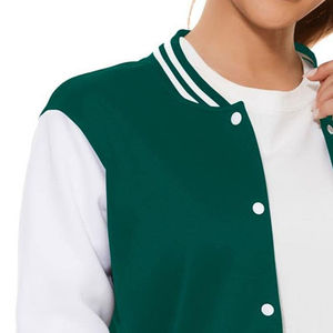 Chaqueta Varsity Verde y Blanca para Mujer, Manga Larga, Color de Contraste, Diseño Sólido, Cuello Camisero, Ropa de Otoño - Product Image 4