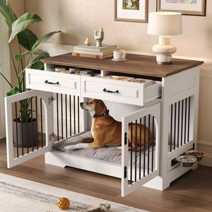 Cuccia per Cani in Legno Stile Rustico da 110 cm con 2 Cassetti Contenitori, Ciotole Girevoli per Cibo, Gabbia con Barre Metalliche di Sicurezza, Arredamento per Animali Domestici - Product Image 2