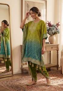 Designer Digital <b>Printed</b> And Embroidery Work Chinon Silk Kaftan With Butter Silk Stitched Dhoti Set - Product Image 3