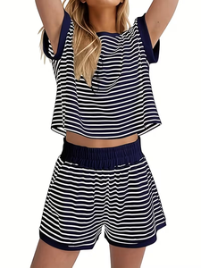 Women's Casual Fashion Loungewear Two-Piece Set Striped Color Block T-Shirt Matching Elastic Waist Pocket Shorts 100% Cotton for - Product Image 2