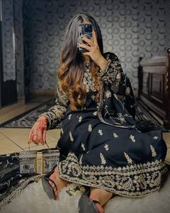 Women's <b>Black</b> Rayon Embroidered Floor-Length Traditional Indian <b>Pakistani</b> Wedding <b>Dress</b> With Gold Trim Regular Fit - Product Image 2