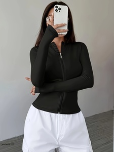 Wholesale Plain Women Full Zip Athletic Jacket <b>Thumb</b> <b>Holes</b> Yoga Running <b>Top</b> - Product Image 3