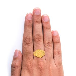 Chillai Worked Hexa <b>Men</b> Gold <b>Ring</b> 24K Gold Hexagonal Signet <b>Ring</b> with Intricate Crescent Moon and Floral Engraving - Product Image 2