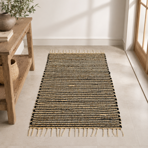 Black Beige Striped Modern Eco-Friendly Jute Area <b>Rug</b> <b>Flat</b> Pile Handmade Woven Carpet Tassel Edges for Bathroom Bedroom Hallway - Product Image 6