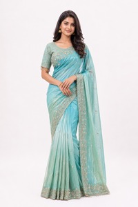 Sari en soie vert menthe brodé, longueur ras du sol, avec dupatta en filet, réversible, tenue de mariage indienne traditionnelle pour femmes - Product Image 1