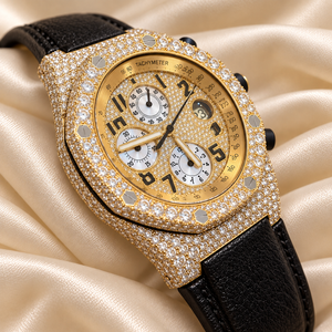 Montre chronographe tonneau pour homme en acier inoxydable Raj Gems avec incrustation de moissanite, bracelet en cuir, mouvement à quartz ETA, verre papillon 41 mm - Product Image 4