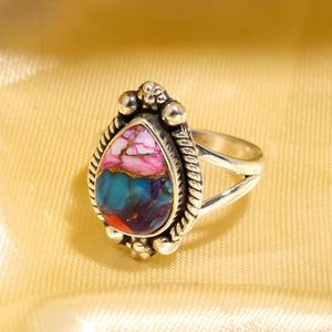 Pear Shape <b>Statement</b> <b>Ring</b> Gift For Love Pink Spiny Oyster Turquoise 925 Sterling <b>Silver</b> Gemstone Handmade Jewelry <b>Ring</b> - Product Image 2