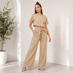 Women's Beige Two Piece Set Crop <b>Top</b> With Letter Print High Waist Wide Leg Pants Loose Fit Casual Spring Summer Outfit - Product Image 2