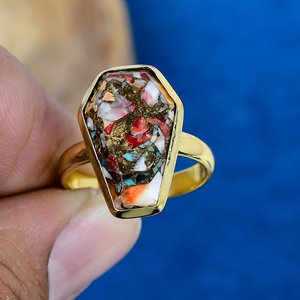 Bague artisanale en turquoise coquille d'huître bleue épineuse, forme cercueil, en argent sterling 925 plaqué or rose - Product Image 2