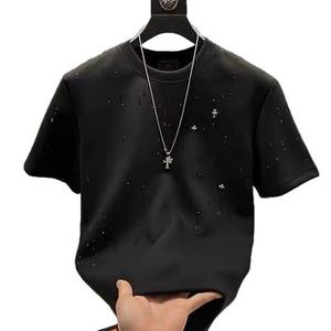 <b>Men's</b> Red Short Sleeve O-Neck T-Shirt With Rhinestone Dot Pattern Street Style Knitted Fabric Regular Fit - Product Image 3