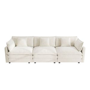 Divano a 3 Posti in Ciniglia Bianca Stile Mid-Century Moderno per Soggiorno con 2 Braccioli e 3 Cuscini Decorativi - Product Image 4