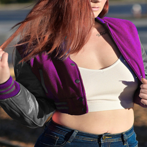 Womens Varsity Crop <b>Jacket</b> Purple <b>Silver</b> Letterman Style Bomber Coat Faux Leather Sleeves Casual Outerwear Ladies Fashion - Product Image 3