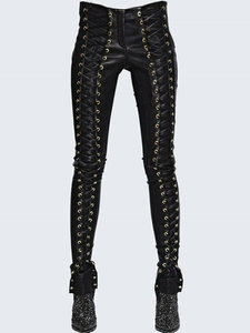 Pantalon skinny blanc taille haute en cuir véritable avec lacets, coutures contrastées, extensible dans quatre directions, coupe droite, hiver - Product Image 3