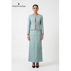 Vestido Largo Informal de Seda Cruda Azul Cielo para Mujer con Chaqueta Bordada, Elegante para Uso Diario - Product Image 1