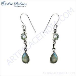 Boucles d'oreilles pendantes classiques vintage plaquées argent avec pierre en labradorite naturelle en forme de goutte, sertie clos, bijoux de fête pour femme - Product Image 3
