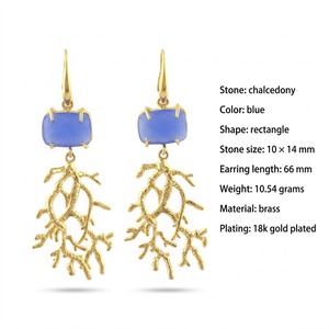 Boucles d'oreilles pendantes en forme de feuille de calcédoine bleue à motif damier, en laiton massif plaqué or 18 carats, bijoux fantaisie pour femme, vente chaude - Product Image 1