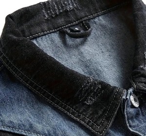 Chaqueta Vaquera Slim Fit para Hombre, Cuello Alto, Diseño con Parches, Desgastada, Estilo Casual Otoñal, Manga Regular, Forro de Algodón - Product Image 3