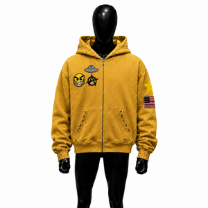 Sweat-shirt à capuche zippé pour homme en molleton doré avec imprimé dessin animé et patch drapeau américain, coupe classique, style automne, collection urbaine en promotion - Product Image 1