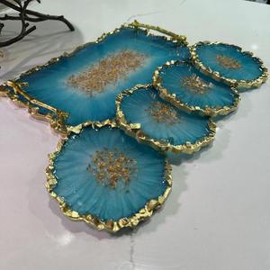Blue Agate Slice <b>Coasters</b> with Gold Edge Irregular Shape Glam Table Mats Reusable Stone <b>Drink</b> Pads Clear Acrylic Tea Cup <b>Coaster</b> - Product Image 4