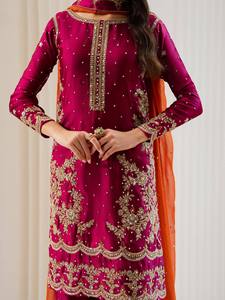 Ensemble Salwar brodé rose pour femme avec dupatta orange, tenue traditionnelle indienne et pakistanaise pour mariage, longueur ras du sol, coupe classique - Product Image 4