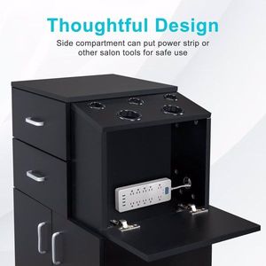 รถเข็นร้านทำผมสีดำพร้อมล้อ ที่วางไดร์เป่าผม 5 ช่อง ลิ้นชัก 2 ช่อง ตู้เก็บของขนาดใหญ่ 1 ช่อง (สีดำ) - Product Image 6