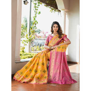 Sari en organza jaune tissé avec des fils de zari, robes de soirée élégantes - Product Image 5