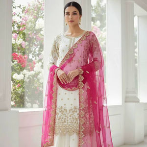 Ensemble Kurti et Palazzo en Soie Pure Fandy Brodé de Qualité Supérieure avec Dupatta en Tulle Papillon – Vêtements Ethniques pour Femmes de Qualité Export - Product Image 1