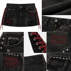 Mini-jupe en jean Rogue Lace pour femme, jupe taille basse noire délavée style Y2K punk streetwear avec lacets latéraux rouges - Product Image 4