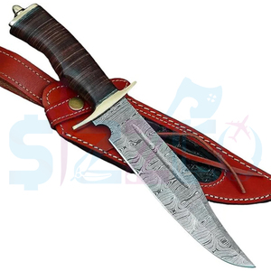 Couteau de chasse Bowie à lame fixe en acier Damas fait main, avec poignée en cuir et étui en cuir, cadeau idéal - Product Image 2