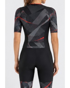 Combinaison de triathlon pour femmes, noir, rouge, gris, motif géométrique, manches courtes, respirante, séchage rapide, compression, réversible - Product Image 4
