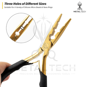 Pinzas Profesionales para Remover Extensiones de Cabello con Acabado Dorado, 3 Orificios, Agarre Ergonómico Acolchado, Herramienta para Remover Microperlas y Queratina - Product Image 4
