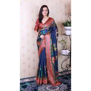 ผ้าไหมทัสซาร์สีน้ำเงินเข้มพิมพ์ลายดั้งเดิมแบบอีลิทวีฟส์ พร้อมผ้าคลุมไหล่ทอลายซารีอย่างหรูหรา น้ำหนัก 450 กรัม - Product Image 6