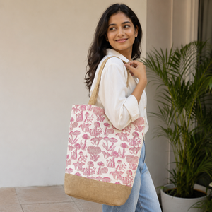 Custom Jute Canvas Beach Tote <b>Bag</b> Mushroom Print <b>Hot</b> <b>Pink</b> Large Shopper Wholesale Private Label OEM ODM Manufacturer Exporter - Product Image 5