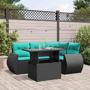 Conjunto de Sofá de Jardín de Ratán Sintético Negro con Cojines, 5 Piezas, Muebles de Exterior de Diseño Contemporáneo para Asientos de Jardín - Product Image 1