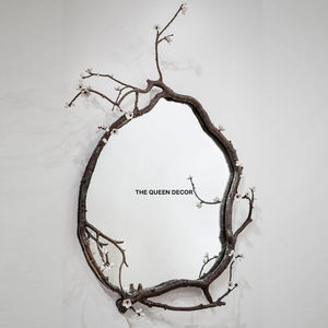 Atractivo Espejo Decorativo de Pared con Diseño de Hojas y Árboles, Acabado Negro, Forma Única de Metal, Decoración de Interiores - Product Image 1