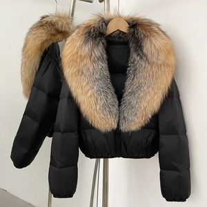 OFTBUY Manteau d'hiver pour femme en duvet de canard blanc, avec fourrure de renard, court, épais, style parka, ample et respirant, tissé - Product Image 3