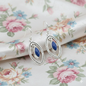 Boucles d'oreilles pendantes faites à la main en argent sterling 925 avec lapis-lazuli naturel, cadre perlé marquise style bohème, cadeau bijoux pour femme et petite amie - Product Image 6