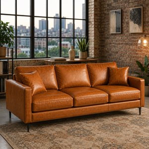 Mid-Century Modern Genuine Cowhide Leather Sofa 3 Seater Brown Leather Couch <b>for</b> Modern Stylish Living Rooms Furniture - Product Image 1