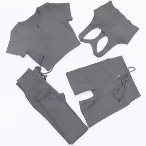 Ensemble de yoga côtelé 4 pièces pour femme : haut court zippé, short à cordon de serrage et leggings longueur cheville - Product Image 1