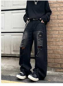 Black Wide Leg Ripped Denim Casual <b>Jeans</b> Pants High Waist Loose Fit Distressed Streetwear Cotton <b>Men</b> s Autumn - Product Image 4